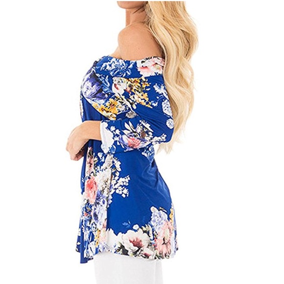 Boutique Tops - Blue Off Shoulders Floral Print Wrap Tunic Blouse